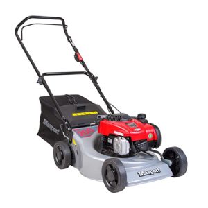 Petrol lawn mower with red engine and grey deck