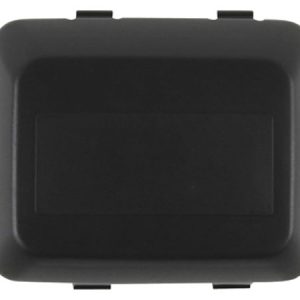 Black plastic storage container with hinged lid