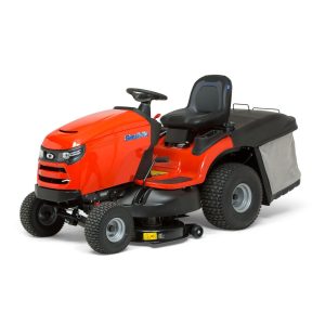 Red ride-on lawn mower with cargo bed