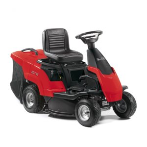 Red and black ride-on lawn mower