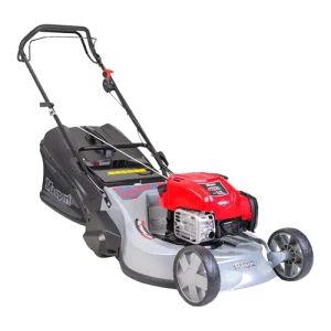 Red and black self-propelled lawn mower