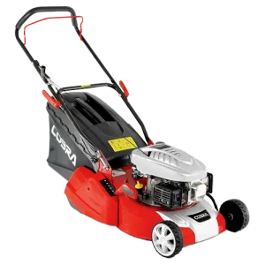 Red and black push lawn mower with engine