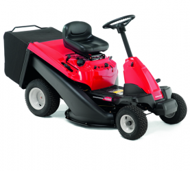 Red and black ride-on lawn mower with grass collection bag