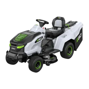 Ride-on lawn mower with green and white design