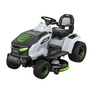 Ride-on lawn mower with white and green design