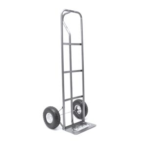 Hand truck with pneumatic wheels and vertical frame