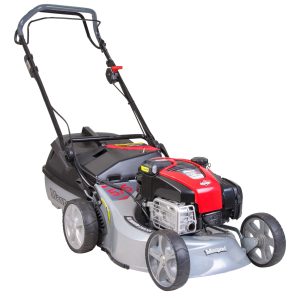 Red and silver self-propelled lawn mower