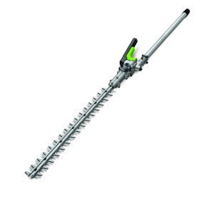 Cordless hedge trimmer with extended pole and green motor housing