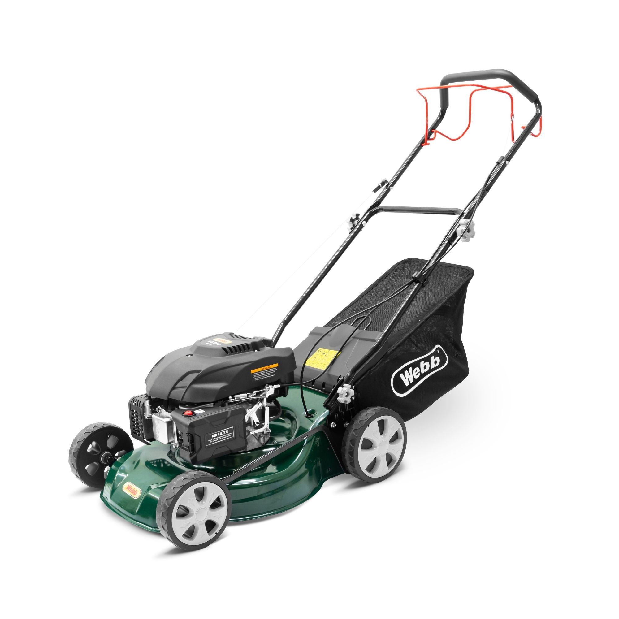 0maril2zeci.jpg - Mowers Online Petrol lawn mower with green deck and handles
