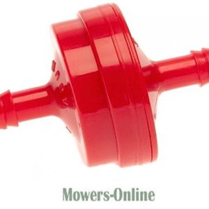 Red inline fuel filter with barbed hose connections