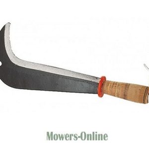 Curved blade scythe with wooden handle and red collar