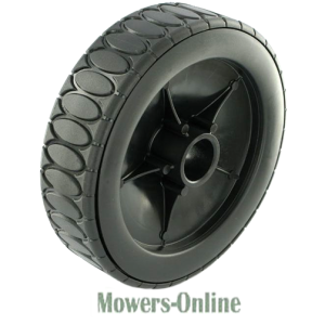 Plastic wheel with black tread pattern for lawn mower