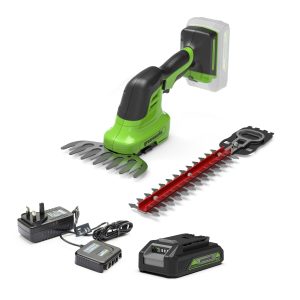 Cordless hedge trimmer and grass shear kit with battery