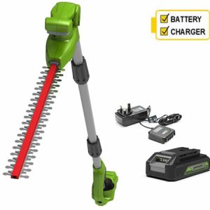 Cordless pole hedge trimmer with battery and charger