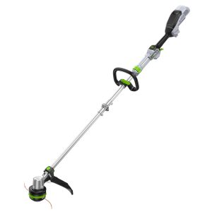 Cordless string trimmer with shoulder strap and battery