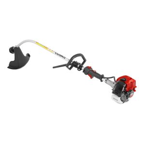 Gas powered string trimmer with curved shaft
