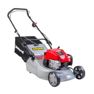 Red and silver self-propelled lawn mower