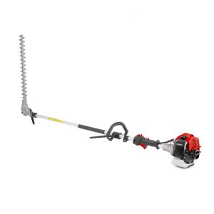 Gas-powered hedge trimmer attachment with shaft and engine