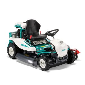 Turquoise and white riding lawn mower with seat