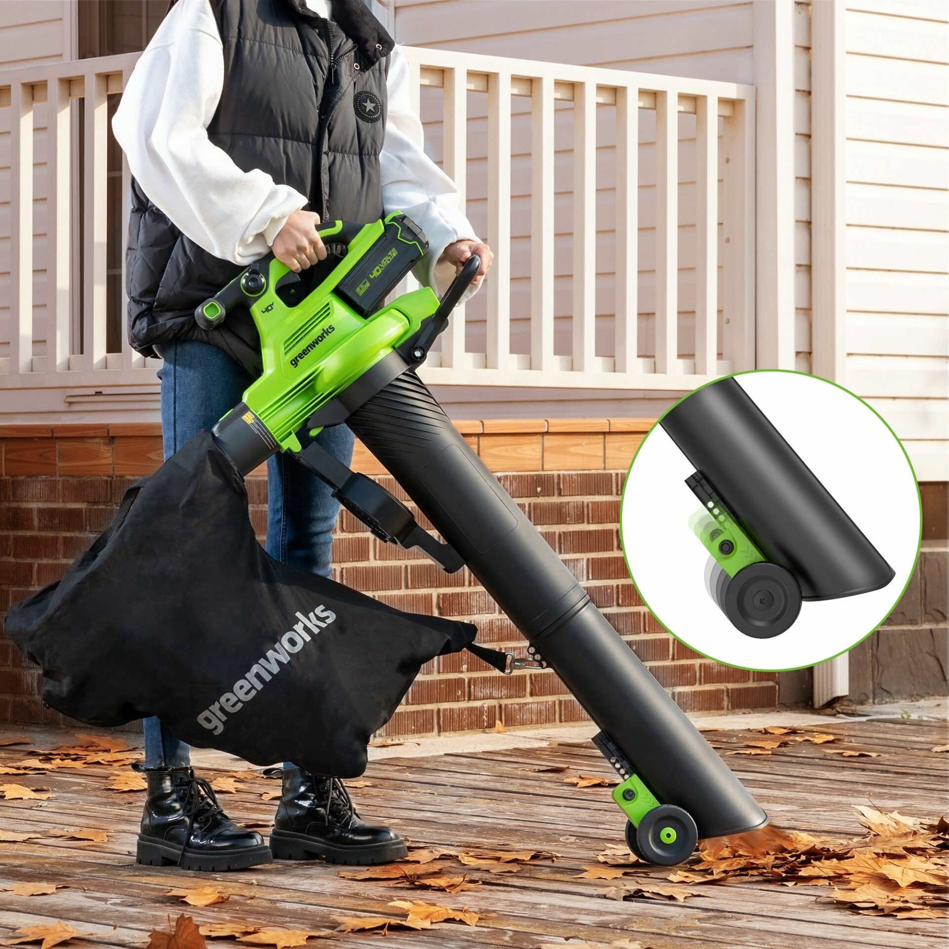 2vh54gpmqot.jpg - Mowers Online Leaf blower with collection bag and detail view.