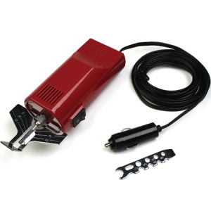 Red electric hair clipper with black cord and attachments
