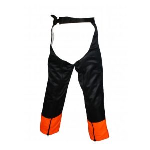 Black and orange chainsaw chaps with leg protection