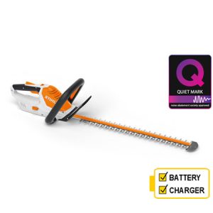 Cordless electric hedge trimmer with battery and charger
