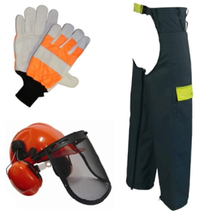 Chainsaw safety gear set with gloves, chaps, and helmet