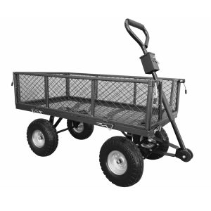 Four-wheeled garden cart with mesh sides and handle