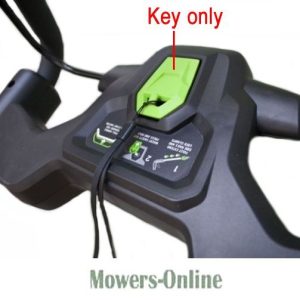 Electric mower control panel with key slot