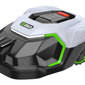 Robotic lawn mower with white and green accents
