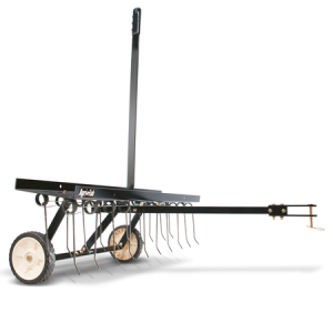 Towed hay rake with vertical tines and wheels