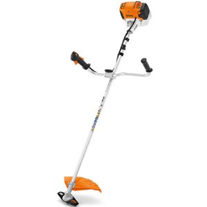String trimmer with curved shaft and orange engine head