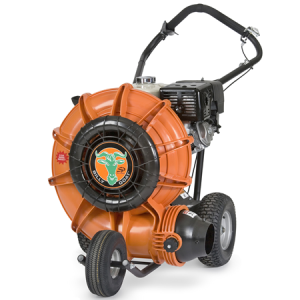Leaf blower with orange housing and wheels