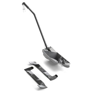 Snow shovel with pusher blade and skis.