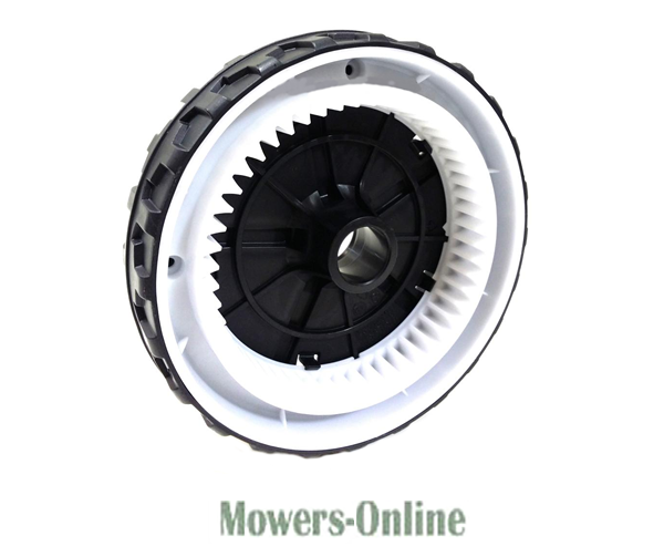 4ukggp03ahe.png - Mowers Online Lawn mower wheel with black tire and hub