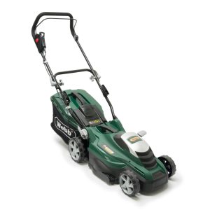 Electric lawn mower with handle and wheels