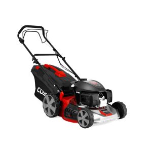 Red and black self-propelled lawn mower