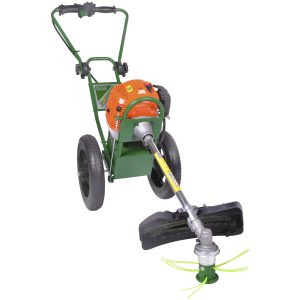 Wheeled string trimmer with engine and handle.