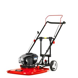 Hover mower with red deck and black engine