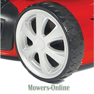 Lawn mower wheel with white alloy rim
