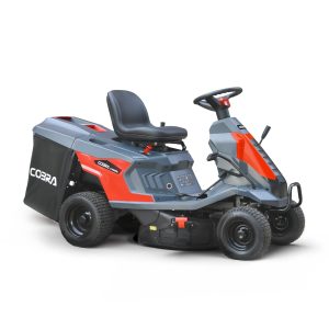 Cobra red and gray riding lawn mower with bagger