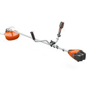String trimmer with curved shaft and battery power