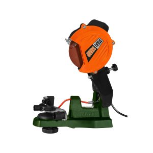 Bench grinder with orange head and green base