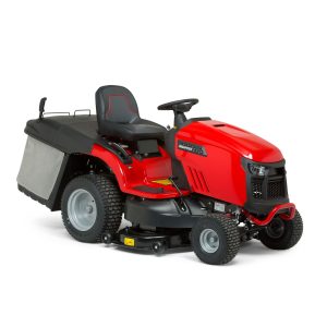Red ride-on lawn mower with grass collection bag