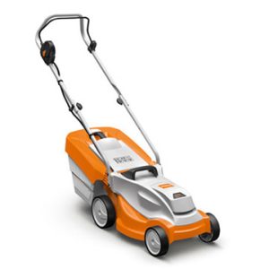 Electric push lawn mower with orange and white design