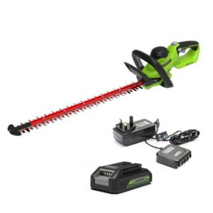Cordless hedge trimmer with battery and charger