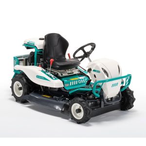 Turquoise and white ride-on lawn mower
