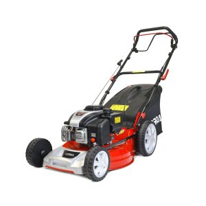 Red and black self-propelled lawn mower