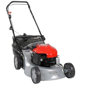 Red and silver push lawn mower with engine